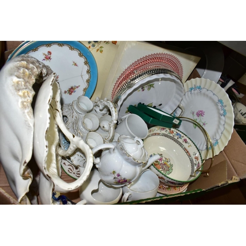 756 - FOUR BOXES OF TEAWARES, VASES, ORNAMENTS, ETC, to include Spode 'Cutie-Kitten' cup and saucer and tr... 