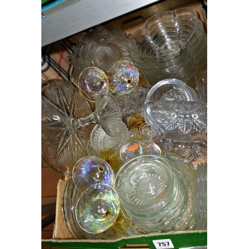 757 - FIVE BOXES AND LOOSE GLASSWARES, mostly pressed glass bowls (large studio style bowl), dishes, vases... 