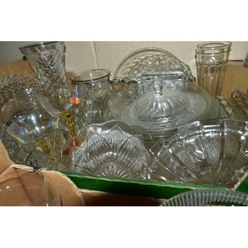 757 - FIVE BOXES AND LOOSE GLASSWARES, mostly pressed glass bowls (large studio style bowl), dishes, vases... 