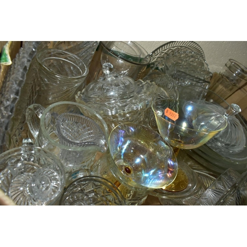 757 - FIVE BOXES AND LOOSE GLASSWARES, mostly pressed glass bowls (large studio style bowl), dishes, vases... 