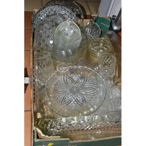 757 - FIVE BOXES AND LOOSE GLASSWARES, mostly pressed glass bowls (large studio style bowl), dishes, vases... 