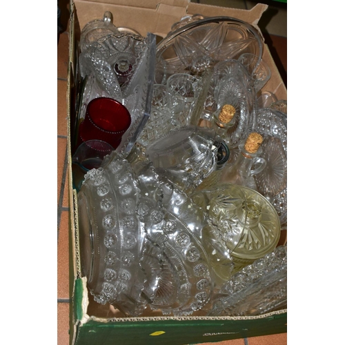 757 - FIVE BOXES AND LOOSE GLASSWARES, mostly pressed glass bowls (large studio style bowl), dishes, vases... 