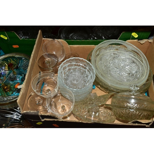 757 - FIVE BOXES AND LOOSE GLASSWARES, mostly pressed glass bowls (large studio style bowl), dishes, vases... 