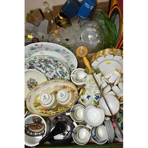 764 - FIVE BOXES AND LOOSE CERAMICS AND GLASSWARE, including a Foley China part tea set, some pieces a.f, ... 