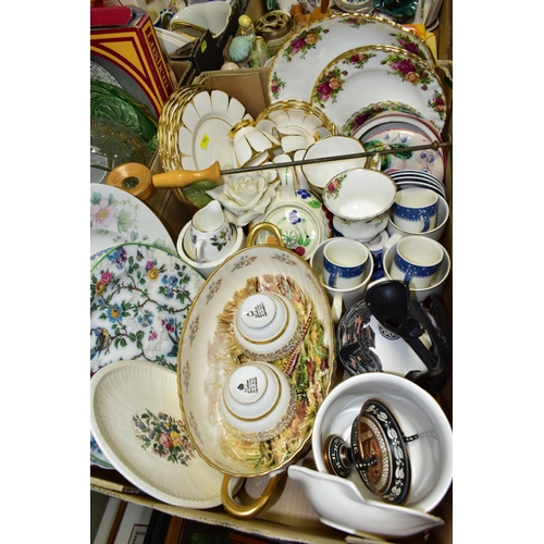 764 - FIVE BOXES AND LOOSE CERAMICS AND GLASSWARE, including a Foley China part tea set, some pieces a.f, ... 