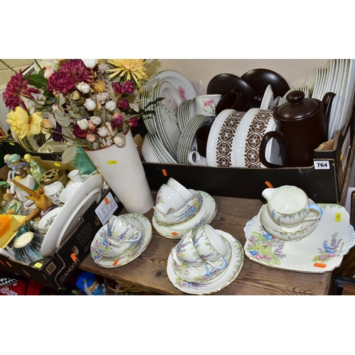 764 - FIVE BOXES AND LOOSE CERAMICS AND GLASSWARE, including a Foley China part tea set, some pieces a.f, ... 