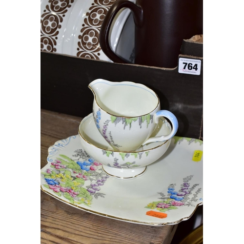 764 - FIVE BOXES AND LOOSE CERAMICS AND GLASSWARE, including a Foley China part tea set, some pieces a.f, ... 