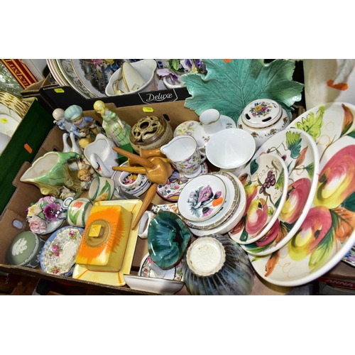 764 - FIVE BOXES AND LOOSE CERAMICS AND GLASSWARE, including a Foley China part tea set, some pieces a.f, ... 