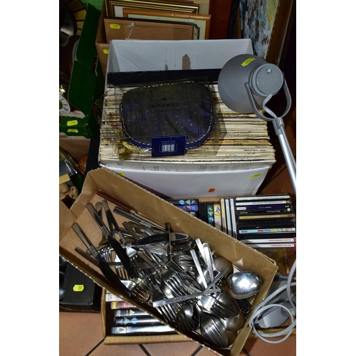 769 - NINE BOXES AND LOOSE METALWARES, BOOKS, DVDS, CDS, LPs, ETC, INCLUDING Viners stainless steel cutler... 