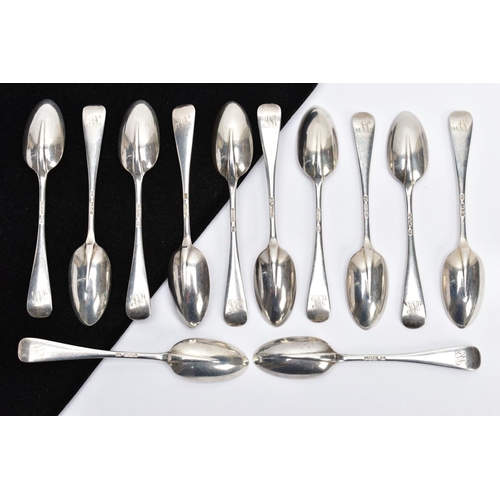 77 - A SET OF TWELVE EARLY 20TH CENTURY SILVER TEASPOONS, rattail design, engraved initials to the revers... 