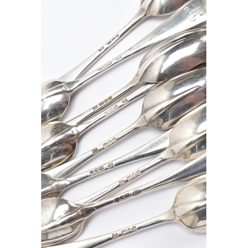 77 - A SET OF TWELVE EARLY 20TH CENTURY SILVER TEASPOONS, rattail design, engraved initials to the revers... 