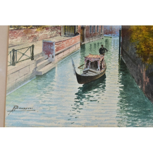 774 - ANDREA BIONDETTI (1851-1946) a Venetian scene of a gondola passing between buildings, signed bottom ... 