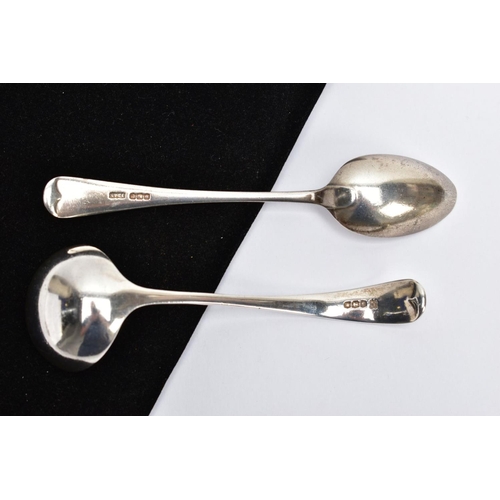 78 - A SILVER TEASPOON AND A SILVER SAUCE LADLE, the teaspoon of an old English pattern, engraved initial... 