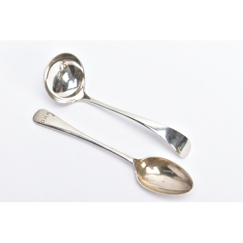 78 - A SILVER TEASPOON AND A SILVER SAUCE LADLE, the teaspoon of an old English pattern, engraved initial... 