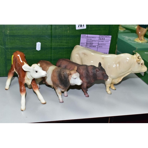 781 - A BESWICK CHAROLAIS BULL, No. 2463A, gloss (both horns broken) and a Hereford calf No. 854 (brown an... 