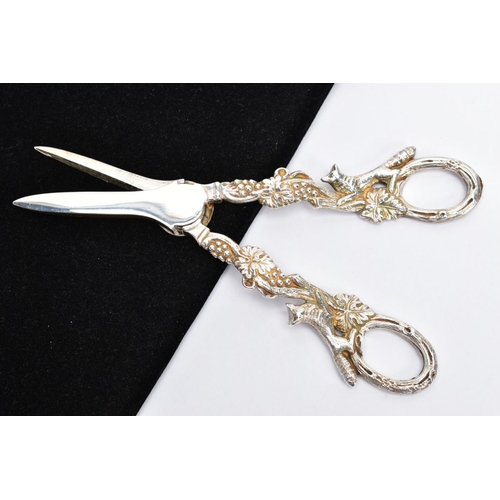 79 - A PAIR OF MODERN SILVER GRAPE SCISSORS, decorative grape vine and fox detailed handles, hallmarked '... 