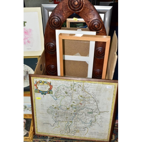 791 - A BOX OF LOOSE PRINTS, MIRROR, LATE VICTORIAN BAROMETER IN AN OAK FRAME, ETC, including a limited ed... 