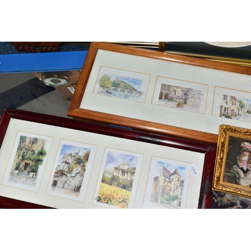 791 - A BOX OF LOOSE PRINTS, MIRROR, LATE VICTORIAN BAROMETER IN AN OAK FRAME, ETC, including a limited ed... 