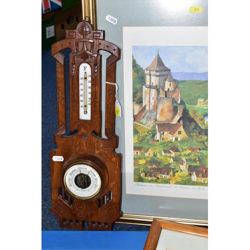 791 - A BOX OF LOOSE PRINTS, MIRROR, LATE VICTORIAN BAROMETER IN AN OAK FRAME, ETC, including a limited ed... 