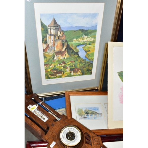 791 - A BOX OF LOOSE PRINTS, MIRROR, LATE VICTORIAN BAROMETER IN AN OAK FRAME, ETC, including a limited ed... 