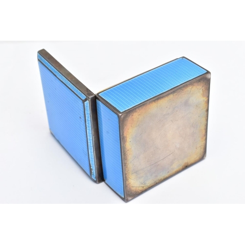 82 - A 1930'S SILVER GUILLOCHE ENAMEL TRINKET BOX, the square hinged silver box covered in blue guilloche... 