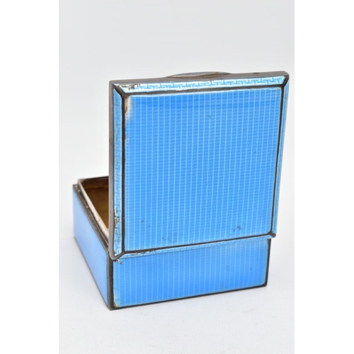 82 - A 1930'S SILVER GUILLOCHE ENAMEL TRINKET BOX, the square hinged silver box covered in blue guilloche... 