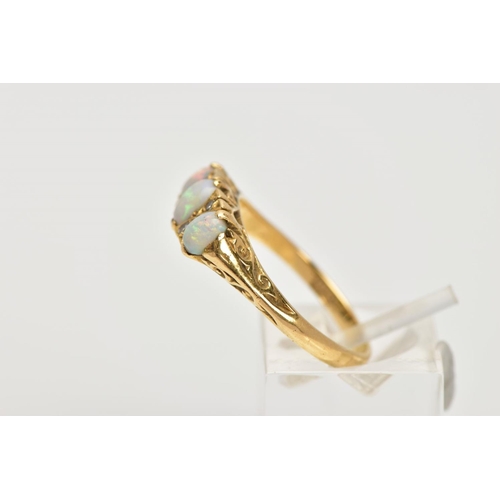 87 - AN 18CT GOLD OPAL AND DIAMOND HALF HOOP RING, three oval cabochon opals graduating in size with eigh... 