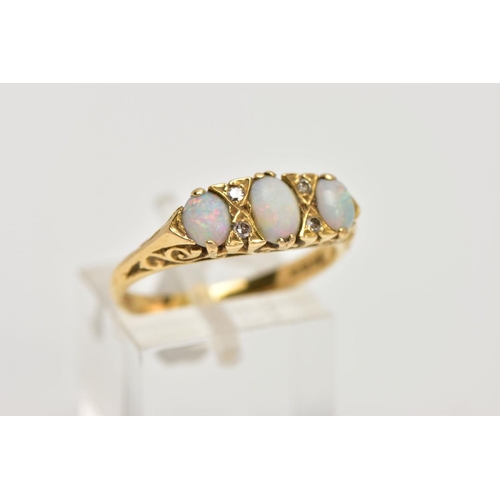 87 - AN 18CT GOLD OPAL AND DIAMOND HALF HOOP RING, three oval cabochon opals graduating in size with eigh... 