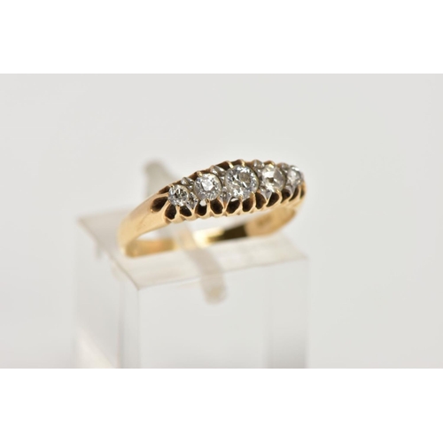 88 - A GOLD LATE VICTORIAN FIVE STONE DIAMOND GRADUATED HALF HOOP RING, diamonds claw set to plain taperi... 