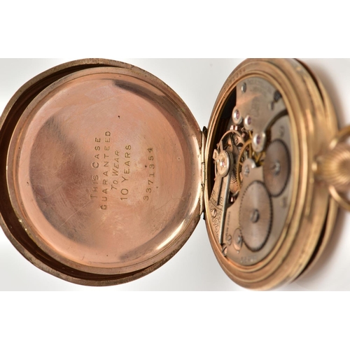 93 - A GOLD-PLATED FULL HUNTER POCKET WATCH, white dial signed 'Thomas Russell & Son, Liverpool', Roman n... 