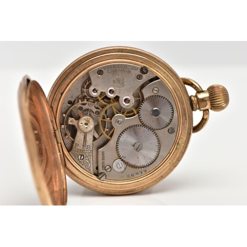 93 - A GOLD-PLATED FULL HUNTER POCKET WATCH, white dial signed 'Thomas Russell & Son, Liverpool', Roman n... 