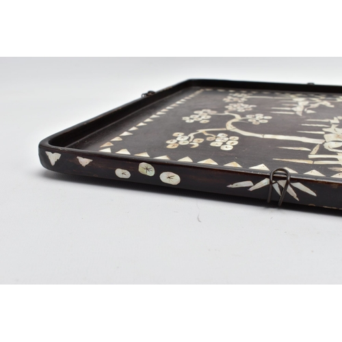 649 - AN EARLY 20TH CENTURY ORIENTAL LACQUERED AND MOTHER OF PEARL INLAID RECTANGULAR TRAY, length 59cm x ... 