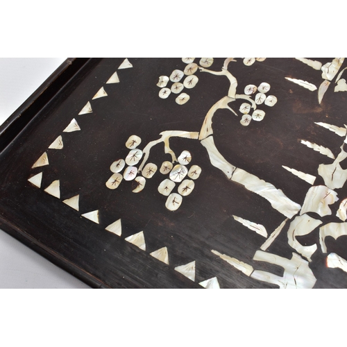 649 - AN EARLY 20TH CENTURY ORIENTAL LACQUERED AND MOTHER OF PEARL INLAID RECTANGULAR TRAY, length 59cm x ... 