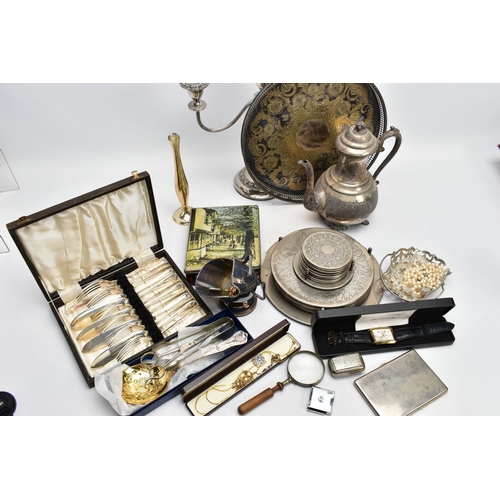 216 - A BOX OF ASSORTED WHITE METAL AND ITEMS, to include a white metal coffee pot, a three branch silver ... 