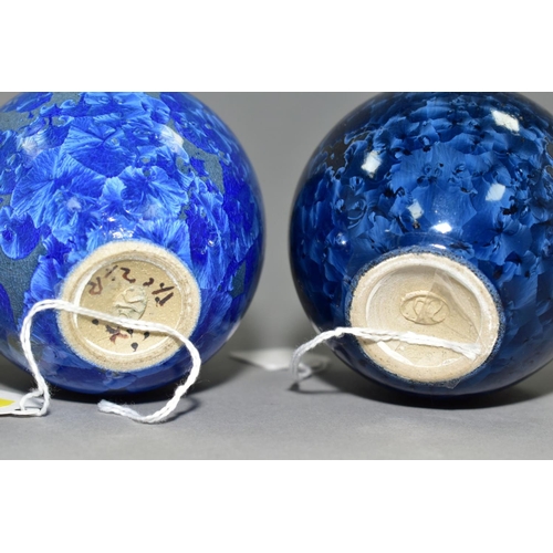 100 - SIMON RICH (BRITISH 1949), two blue crystalline glaze vases, both globular in shape, height approxim... 