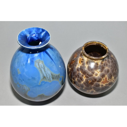 103 - TWO STUDIO POTTERY VASES HAVING CRYSTALLINE GLAZE, the blue example is unmarked and is approximate 1... 