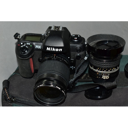 115 - A NIKON F3 FILM CAMERA fitted with a Nikkor 50mm f1.8 lens, a 28mm f3.5 lens, an F100 film camera fi... 