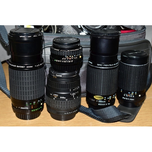 121 - A PENTAX MX FILM SLR CAMERA, fitted with a SMC M 28mm f2.8 lens, a SMC M 80-200mm f4.5 lens, a SMC A... 