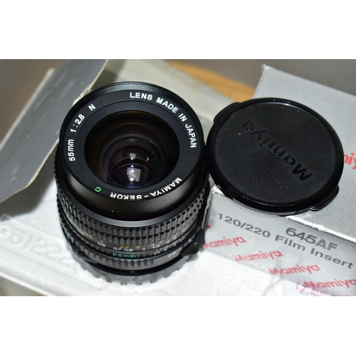 123 - A MAMIYA SEKOR 55MM f2.8 LENS in a tatty 150mm Mamiya lens box and a boxed 645AF 120/220 film insert... 