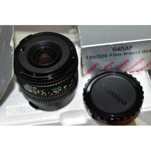 123 - A MAMIYA SEKOR 55MM f2.8 LENS in a tatty 150mm Mamiya lens box and a boxed 645AF 120/220 film insert... 