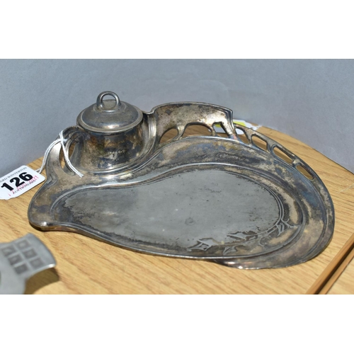 126 - A WMF SILVER PLATED ART NOUVEAU INKWELL, the raised back with hinged inkwell flanked by sinuous pier... 