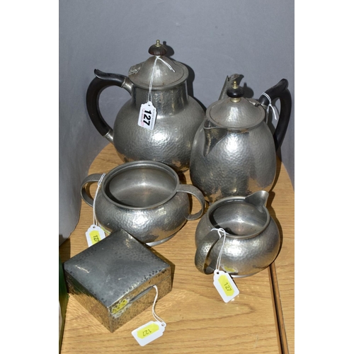 127 - AN EARLY 20TH CENTURY SOLKETS 'TUDRIC' PEWTER FOUR PIECE HAND HAMMERED TEA SET, all numbered 01075, ... 