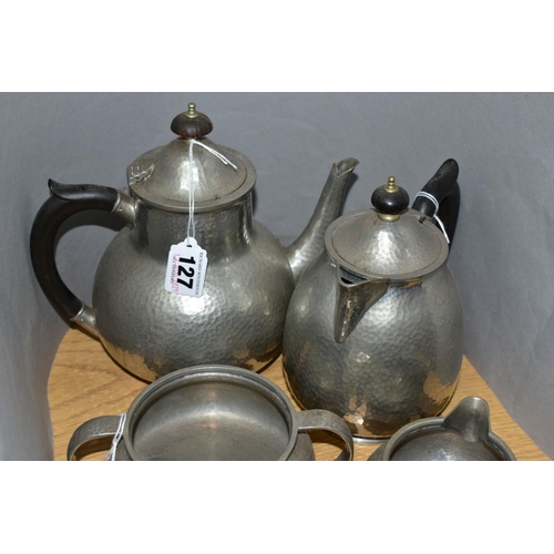 127 - AN EARLY 20TH CENTURY SOLKETS 'TUDRIC' PEWTER FOUR PIECE HAND HAMMERED TEA SET, all numbered 01075, ... 