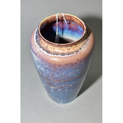 13 - A COBRIDGE STONEWARE HIGH FIRED BALUSTER VASE, speckled and mottled cream, blue and purple glazes, i... 