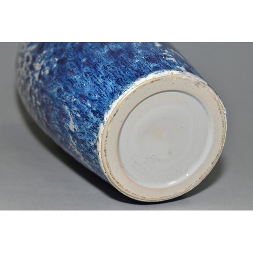 13 - A COBRIDGE STONEWARE HIGH FIRED BALUSTER VASE, speckled and mottled cream, blue and purple glazes, i... 