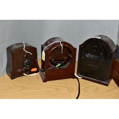 132 - THREE BROWN BAKELITE CASED ELECTRIC MANTEL CLOCKS, comprising a Ferranti, height 17.5cm, a Genolex w... 