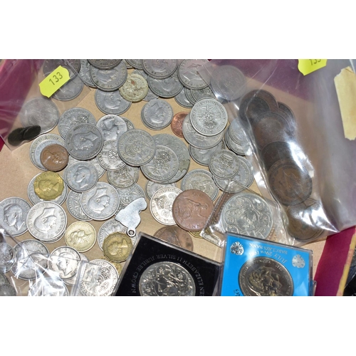 133 - A BOX LID OF MAINLY UK COINAGE, to include two George III silver 3d coins 1762-1763, 1897 shilling, ... 