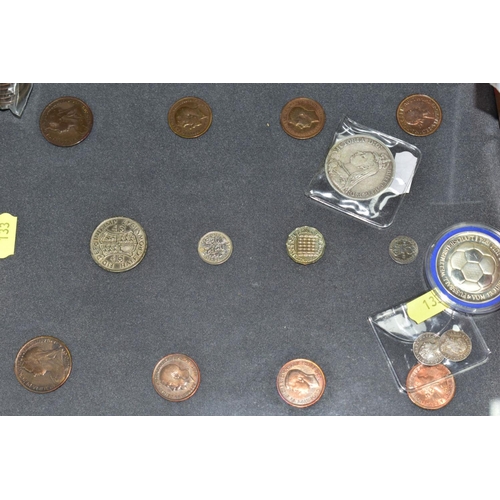 133 - A BOX LID OF MAINLY UK COINAGE, to include two George III silver 3d coins 1762-1763, 1897 shilling, ... 