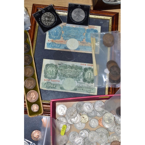 133 - A BOX LID OF MAINLY UK COINAGE, to include two George III silver 3d coins 1762-1763, 1897 shilling, ... 