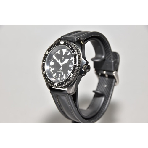 136 - A MWC DIVERS STYLE AUTOMATIC WRISTWATCH, black dial with luminescent arrow and baton markers, broad ... 